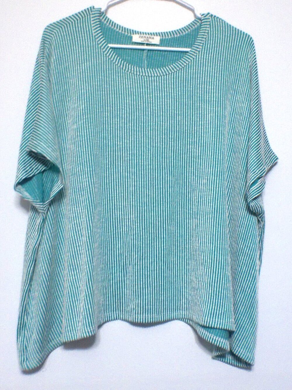 Zenana Women’s Oversized Striped Top Aqua White Relaxed Rayon Blend L/XL